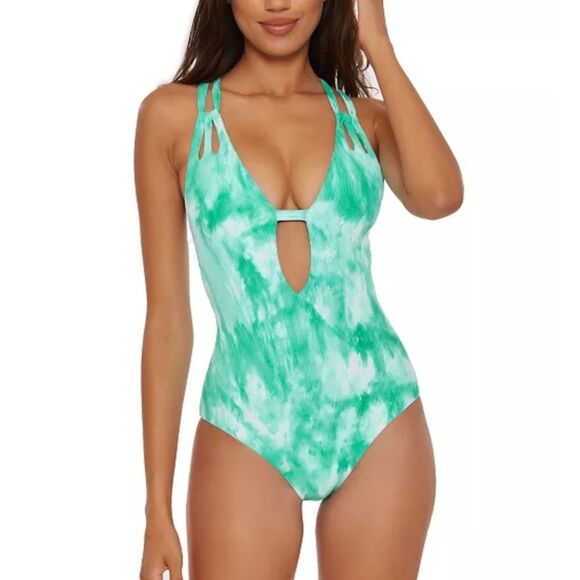 Becca Ribbed Tie Dye Plunging Neckline Cutout One-Piece Swimsuit Vibrant Small - Picture 1 of 13